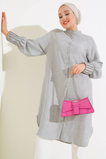 Bileği Nervürlü Uzun Gömlek Gri - Gömlek