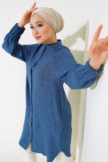 Bileği Nervürlü Uzun Gömlek İndigo - Gömlek