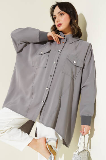 Bileği Ribanalı Oversize Gömlek Gri - Gömlek