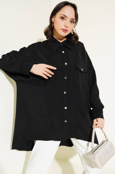 Bileği Ribanalı Oversize Gömlek Siyah - Gömlek