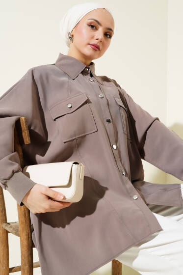 Bileği Ribanalı Oversize Gömlek Vizon - Gömlek