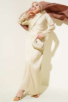 Bileği Tül Detaylı Jakar Elbise Bej - Tesettür Elbise