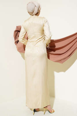 Bileği Tül Detaylı Jakar Elbise Bej - Tesettür Elbise