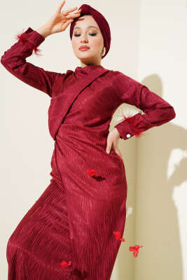 Bileği Tül Detaylı Jakar Elbise Bordo - Tesettür Elbise