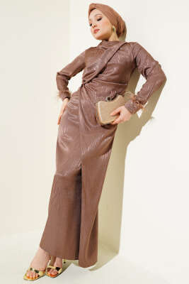 Bileği Tül Detaylı Jakar Elbise Kahve 