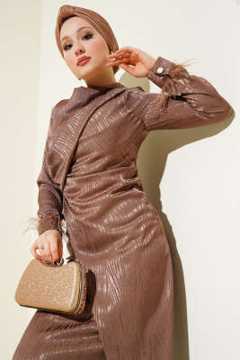 Bileği Tül Detaylı Jakar Elbise Kahve - Tesettür Elbise