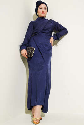 Bileği Tül Detaylı Jakar Elbise Lacivert - Tesettür Elbise