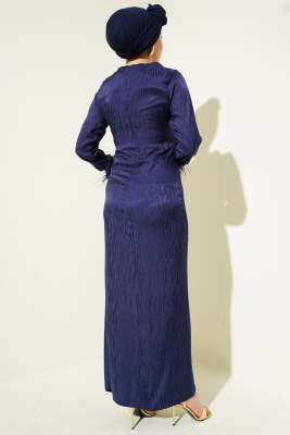 Bileği Tül Detaylı Jakar Elbise Lacivert - Tesettür Elbise