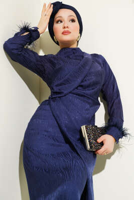 Bileği Tül Detaylı Jakar Elbise Lacivert 