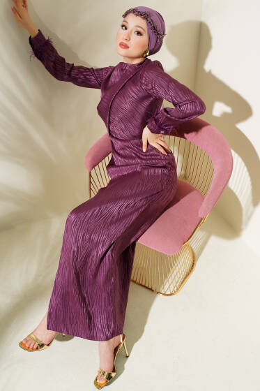 Bileği Tül Detaylı Jakar Elbise Magenta - Elbise