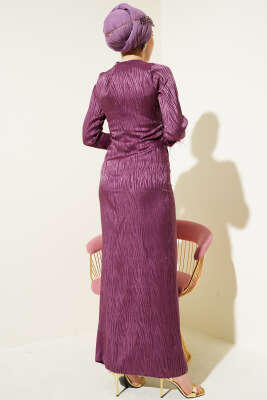 Bileği Tül Detaylı Jakar Elbise Magenta - Tesettür Elbise