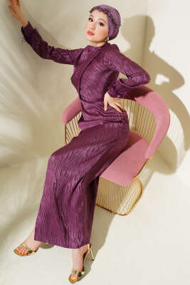 Bileği Tül Detaylı Jakar Elbise Magenta 