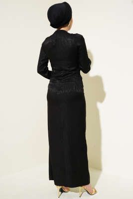 Bileği Tül Detaylı Jakar Elbise Siyah - Tesettür Elbise