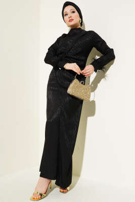 Bileği Tül Detaylı Jakar Elbise Siyah - CNR TEKSTİL