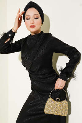 Bileği Tül Detaylı Jakar Elbise Siyah - Tesettür Elbise