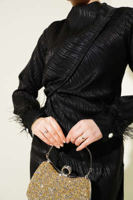 Bileği Tül Detaylı Jakar Elbise Siyah - Tesettür Elbise