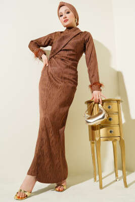 Bileği Tül Detaylı Jakar Elbise Taba - Tesettür Elbise