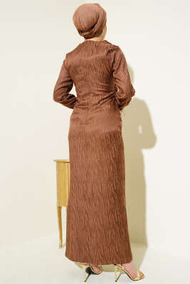 Bileği Tül Detaylı Jakar Elbise Taba - Tesettür Elbise