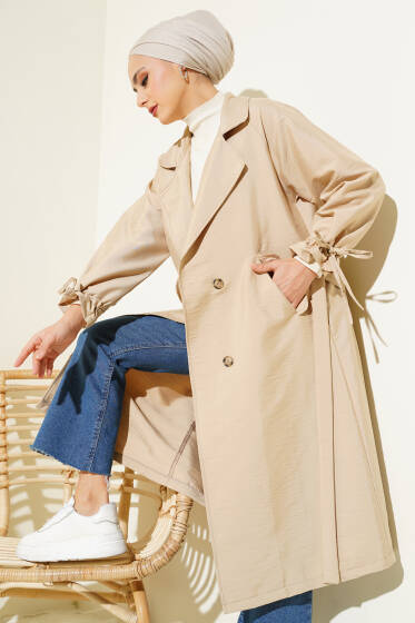 Bileği Tünelli Bağcıklı Trençkot Bej - Trençkot