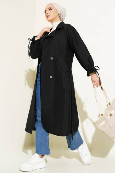 Bileği Tünelli Bağcıklı Trençkot Siyah - Trençkot