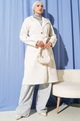 Bilek Apoletli Kuşaklı Tay Tüyü Kaban Bej - Kaban