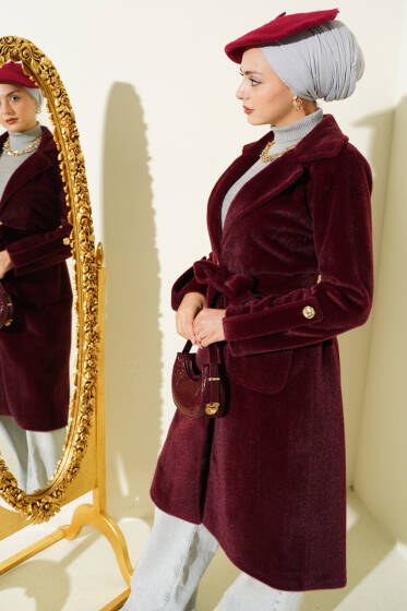 Bilek Apoletli Kuşaklı Tay Tüyü Kaban Bordo - Kaban