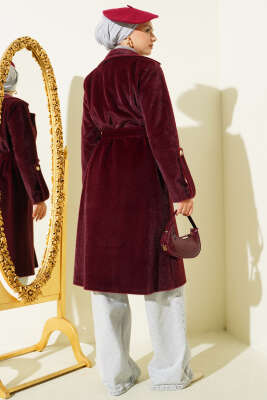 Bilek Apoletli Kuşaklı Tay Tüyü Kaban Bordo - Kaban