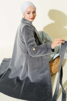 Bilek Apoletli Kuşaklı Tay Tüyü Kaban Füme - MUSTİ