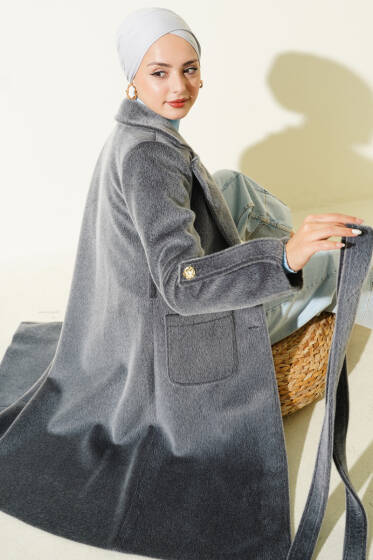 Bilek Apoletli Kuşaklı Tay Tüyü Kaban Füme - Kaban