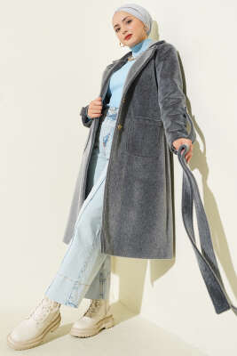 Bilek Apoletli Kuşaklı Tay Tüyü Kaban Füme - Kaban