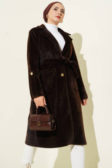 Bilek Apoletli Kuşaklı Tay Tüyü Kaban Kahve - Kaban