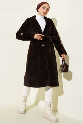 Bilek Apoletli Kuşaklı Tay Tüyü Kaban Kahve - Kaban