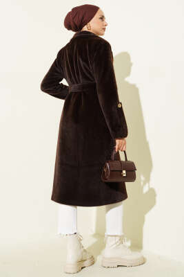 Bilek Apoletli Kuşaklı Tay Tüyü Kaban Kahve - Kaban