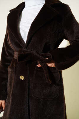 Bilek Apoletli Kuşaklı Tay Tüyü Kaban Kahve - Kaban