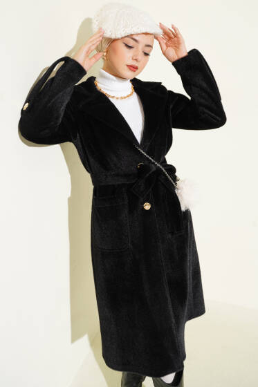 Bilek Apoletli Kuşaklı Tay Tüyü Kaban Siyah - Kaban