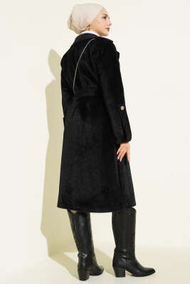 Bilek Apoletli Kuşaklı Tay Tüyü Kaban Siyah - Kaban