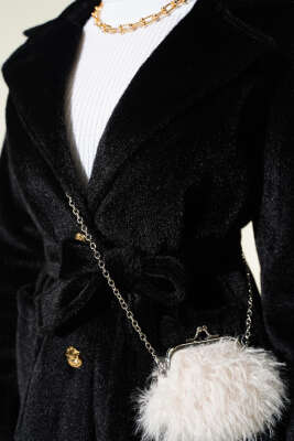 Bilek Apoletli Kuşaklı Tay Tüyü Kaban Siyah - Kaban