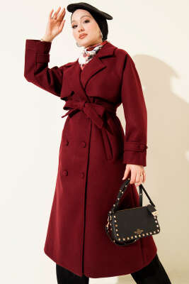 Bilek Apoletli Parçalı Kaşe Kaban Bordo - VAV TEKSTİL