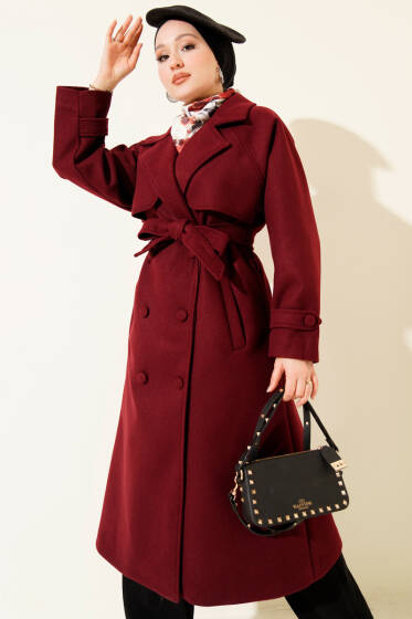Bilek Apoletli Parçalı Kaşe Kaban Bordo - Kaban