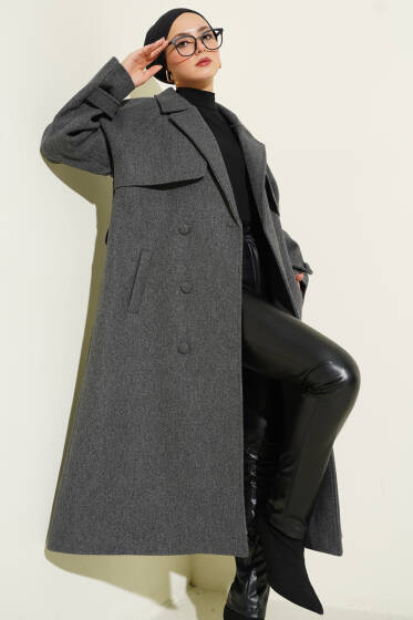 Bilek Apoletli Parçalı Kaşe Kaban Füme - Kaban