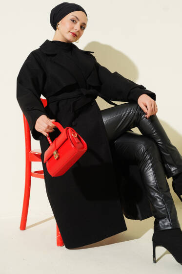 Bilek Apoletli Parçalı Kaşe Kaban Siyah - Kaban