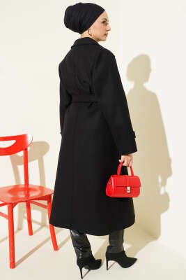 Bilek Apoletli Parçalı Kaşe Kaban Siyah - Kaban