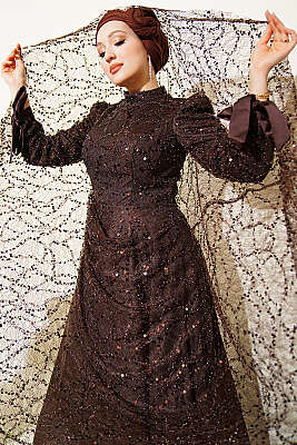 Bilek Bağcıklı Pullu Taşlı Abiye Elbise Acı Kahve - PURE COSTUME