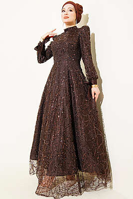 Bilek Bağcıklı Pullu Taşlı Abiye Elbise Acı Kahve - Elbise