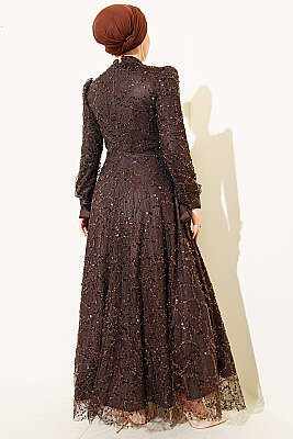 Bilek Bağcıklı Pullu Taşlı Abiye Elbise Acı Kahve - Elbise