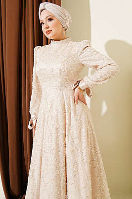 Bilek Bağcıklı Pullu Taşlı Abiye Elbise Bej - Elbise