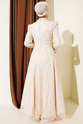 Bilek Bağcıklı Pullu Taşlı Abiye Elbise Bej - Elbise