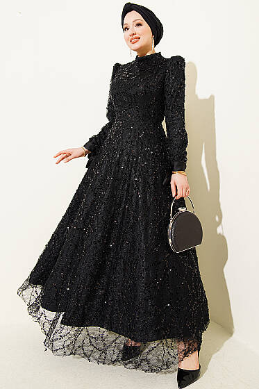 Bilek Bağcıklı Pullu Taşlı Abiye Elbise Siyah - Elbise