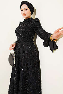 Bilek Bağcıklı Pullu Taşlı Abiye Elbise Siyah - Elbise