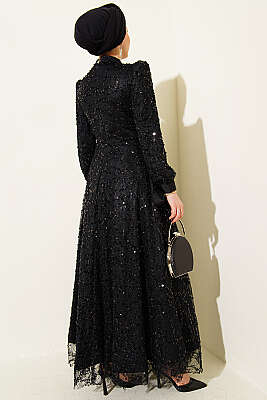 Bilek Bağcıklı Pullu Taşlı Abiye Elbise Siyah - Elbise